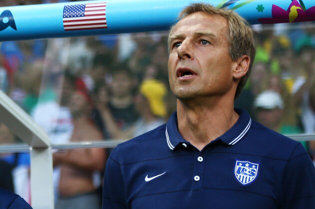 SALVADOR, BRAZIL - JULY 01: (L-R) Goalkeeper coach Chris Woods, assistant coach Tab Ramos and head coach Jurgen Klinsmann of the United States look on during the National Anthem prior to the 2014 FIFA World Cup Brazil Round of 16 match between Belgium and the United States at Arena Fonte Nova on July 1, 2014 in Salvador, Brazil.  (Photo by Michael Steele/Getty Images)