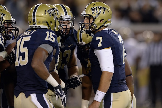 Pittsburgh Panthers quarterback Tom Savage (7) calls a play against the Georgia Tech Yellow Jackets in the second half of their NCAA college football game on Saturday, Nov. 2, 2013, in Atlanta. Georgia Tech won 21-10. (AP Photo/David Tulis)