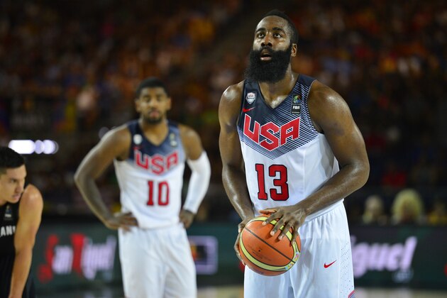 BILBAO, SPAIN - SEPTEMBER 2: James Harden #13 of the USA Basketball Men's National Team shoots a free throw against the New Zealand Basketball Men's National Team during the 2014 FIBA World Cup at Bizkaia Arena in Bilbao Exhibition Centre on September 2, 2014 in Bilbao, Spain.  NOTE TO USER: User expressly acknowledges and agrees that, by downloading and/or using this Photograph, user is consenting to the terms and conditions of the Getty Images License Agreement. Mandatory Copyright Notice: Copyright 2014 NBAE (Photo by David Dow/NBAE via Getty Images)