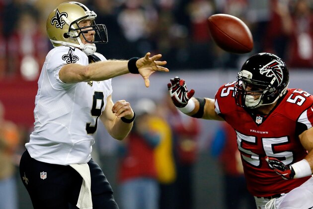 ATLANTA, GA - NOVEMBER 21: Quarterback Drew Brees #9 of the New Orleans Saints is pressured by outside linebacker Paul Worrilow #55 of the Atlanta Falcons during a game at the Georgia Dome on November 21, 2013 in Atlanta, Georgia.  (Photo by Kevin C. Cox/Getty Images)