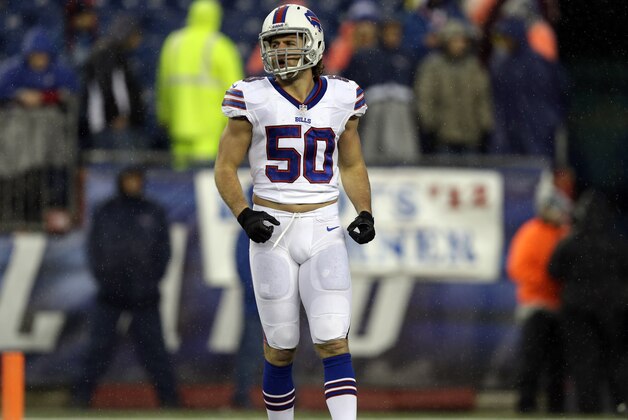 Buffalo Bills linebacker Kiko Alonso warms up before an NFL football game against the New England Patriots Sunday, Dec. 29, 2013, in Foxborough, Mass. (AP Photo/Steven Senne)