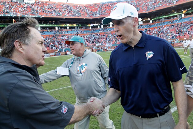 New England Patriots head coach Bill Belichick, left, and Miami Dolphins head coach Joe Philbin shake hands after the Patriots defeated the Dolphins 23-16 after an NFL football game, Sunday, Dec. 2, 2012 in Miami. (AP Photo/Wilfredo Lee)