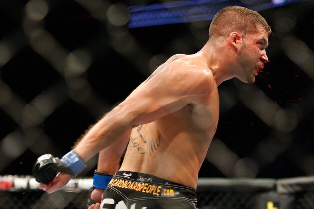 MONTREAL- MAY 8: Jeremy Stephens bleeds during his in their lightweight 'swing' bout against Sam Stout at UFC 113 at Bell Centre on May 8, 2010 in Montreal, Quebec, Canada.  (Photo by Richard Wolowicz/Getty Images)