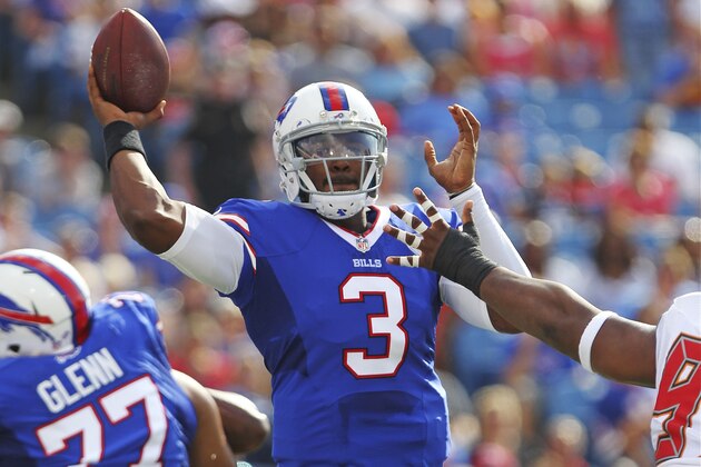 Buffalo Bills quarterback EJ Manuel (3) throws a pass during the first half of a preseason NFL football game against the Tampa Bay Buccaneers, Saturday, Aug. 23, 2014, in Orchard Park, N.Y. (AP Photo/Bill Wippert)