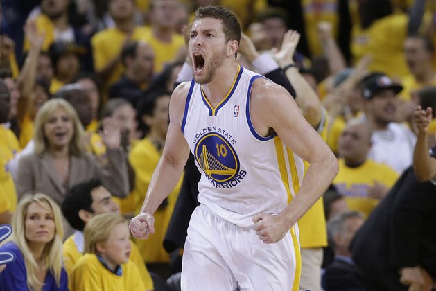 Golden State Warriors power forward David Lee (10) against the San Antonio Spurs during Game 6 of a Western Conference semifinal NBA basketball playoff series in Oakland, Calif., Thursday, May 16, 2013. San Antonio won 94-82. San Antonio won 94-82. (AP Photo/Jeff Chiu)