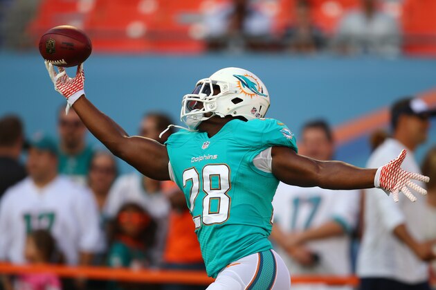Miami Dolphins running back Knowshon Moreno (28) holds onto to the ball before an NFL preseason football game against the Dallas Cowboys, Saturday, Aug. 23, 2014 in Miami Gardens, Fla. (AP Photo/J Pat Carter)