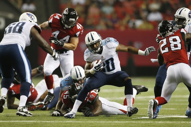 Tennessee Titans running back Bishop Sankey (20) moves against Atlanta Falcons during the second half of an NFL preseason football game, Saturday, Aug. 23, 2014, in Atlanta. (AP Photo/John Bazemore)