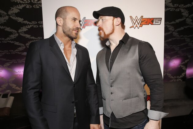 IMAGE DISTRIBUTED FOR 2K - WWE Superstars Cesaro and Sheamus engage in a friendly stare down at the SummerSlam Confidential Panel for the WWE 2K15 roster reveal at Club Nokia, on Saturday, August 16, 2014 in Los Angeles. (Photo by Todd Williamson/Invision for 2K/AP Images)