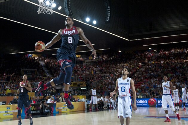 Rudy Gay of the US dunks the ball during the Group C Basketball World Cup match against Dominican Republic, in Bilbao, northern Spain, Wednesday, Sept. 3, 2014. The 2014 Basketball World Cup competition take place in various cities in Spain from Aug. 30 to Sept. 14. (AP Photo/Alvaro Barrientos)