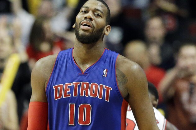 Detroit Pistons forward Greg Monroe reacts to a call during the second half of an NBA basketball game against the Chicago Bulls in Chicago on Friday, April 11, 2014. The Bulls won 106-98. (AP Photo/Nam Y. Huh)