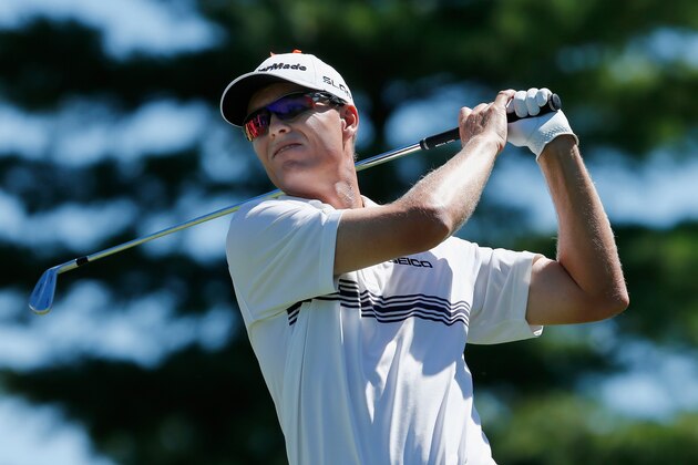 NORTON, MA - AUGUST 30: John Senden of Australia tees off on the 10th during the second round of the Deutsche Bank Championship at the TPC Boston on August 30, 2014 in Norton, Massachusetts.  (Photo by Jim Rogash/Getty Images)