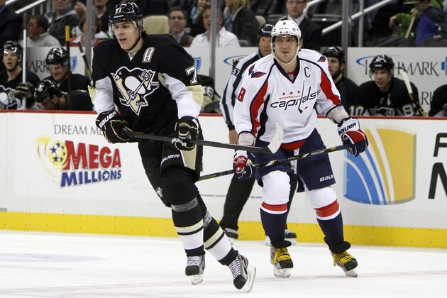 PITTSBURGH, PA - FEBRUARY 7: Evgeni Malkin #71 of the Pittsburgh Penguins and Alex Ovechkin #8 of the Washington Capitals skate during the game at Consol Energy Center on February 7, 2013 in Pittsburgh, Pennsylvania. The Penguins defeated the Capitals 5-1. (Photo by Justin K. Aller/Getty Images) PITTSBURGH, PA - FEBRUARY 7: Evgeni Malkin #71 of the Pittsburgh Penguins and Alex Ovechkin #8 of the Washington Capitals skate during the game at Consol Energy Center on February 7, 2013 in Pittsburgh, Pennsylvania. The Penguins defeated the Capitals 5-1. (Photo by Justin K. Aller/Getty Images)