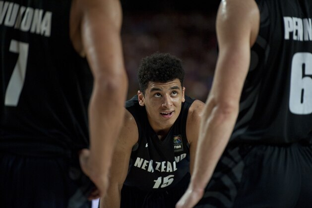 New Zealand's Tai Webster, takes a time to rest during the Group C Basketball World Cup match against United States, in Bilbao northern Spain, Tuesday, Sept. 2, 2014. The 2014 Basketball World Cup competition take place in various cities in Spain from  last Aug. 30 through to Sept. 14.  United States won 98-71. (AP Photo/Alvaro Barrientos)