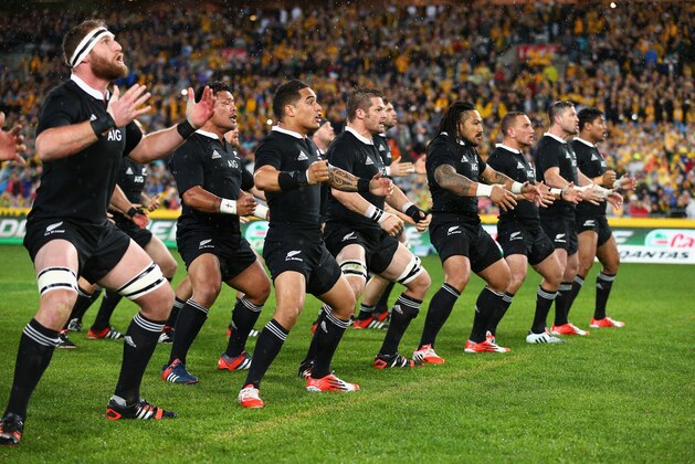 The New Zealand All Blacks perform the Haka during their Bledisloe Cup rugby test match against Australian Wallabies' in Sydney, Australia, Saturday, Aug. 16, 2014.The match was a draw  at 12-12.(AP Photo/Cameron Spencer/Pool)