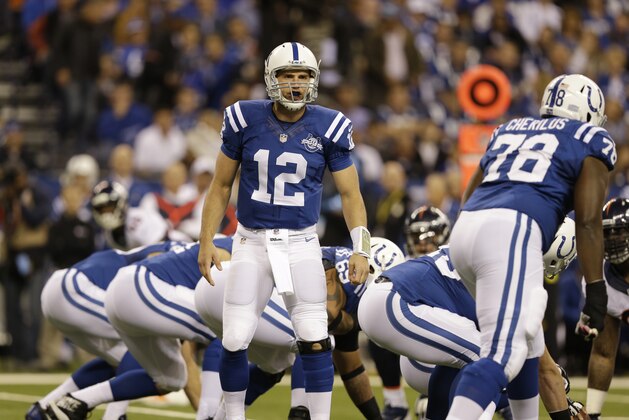 Indianapolis Colts quarterback Andrew Luck (12) calls a play during the first half of an NFL football game against the Denver Broncos, Sunday, Oct. 20, 2013, in Indianapolis. (AP Photo/Michael Conroy)