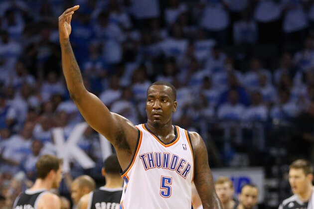 OKLAHOMA CITY, OK - MAY 27:  Kendrick Perkins #5 of the Oklahoma City Thunder gestures to the crowd in the third quarter against the San Antonio Spurs during Game Four of the Western Conference Finals of the 2014 NBA Playoffs at Chesapeake Energy Arena on May 27, 2014 in Oklahoma City, Oklahoma. NOTE TO USER: User expressly acknowledges and agrees that, by downloading and or using this photograph, User is consenting to the terms and conditions of the Getty Images License Agreement.  (Photo by Ronald Martinez/Getty Images)