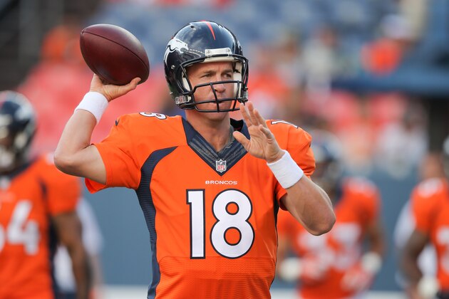 DENVER, CO - AUGUST 07:  Quarterback Peyton Manning #18 of the Denver Broncos drops back to throw during team warm ups before a preseason game against the Seattle Seahawks at Sports Authority Field at Mile High on August 7, 2014 in Denver, Colorado.  (Photo by Doug Pensinger/Getty Images)