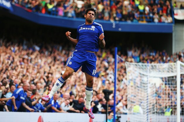 LONDON, ENGLAND - AUGUST 23:  Diego Costa of Chelsea celebrates as he scores their first goal during the Barclays Premier League match between Chelsea and Leicester City at Stamford Bridge on August 23, 2014 in London, England.  (Photo by Paul Gilham/Getty Images)