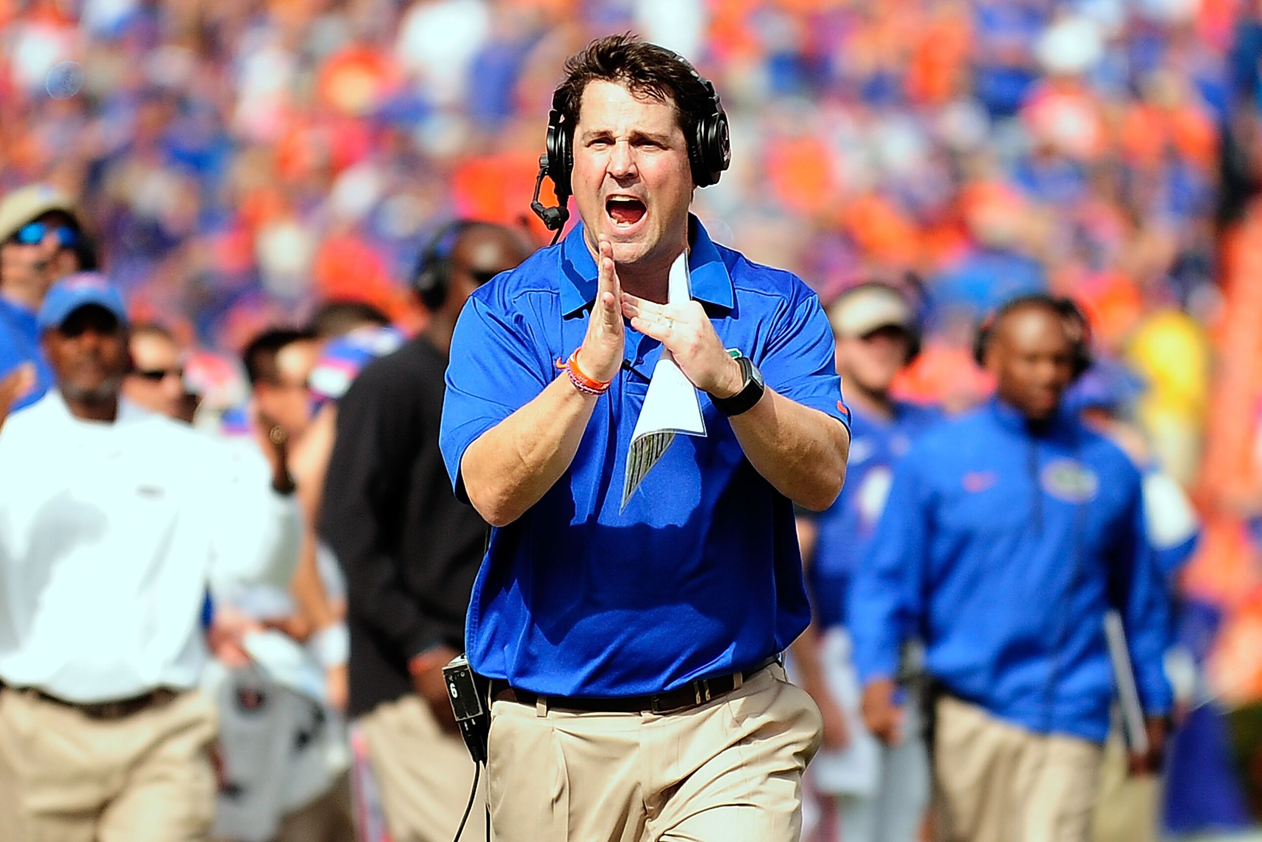 GAINESVILLE, FL - NOVEMBER 09:  Will Muschamp, head coach of the Florida Gators, call for a timeout during a game against the Vanderbilt Commodores at Ben Hill Griffin Stadium on November 9, 2013 in Gainesville, Florida.  (Photo by Stacy Revere/Getty Images)