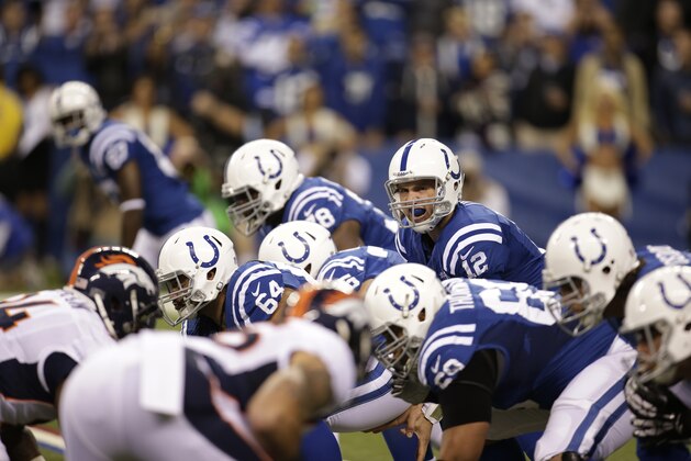Indianapolis Colts quarterback Andrew Luck (12) calls a play during the first half of an NFL football game against the Denver Broncos, Sunday, Oct. 20, 2013, in Indianapolis. (AP Photo/AJ Mast)