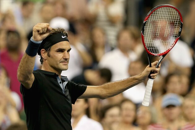 NEW YORK, NY - SEPTEMBER 02:  Roger Federer of Switzerland celebrates after defeating Roberto Bautista Agut of Spain in their men's singles fourth round match on Day Nine of the 2014 US Open at the USTA Billie Jean King National Tennis Center on September 2, 2014 in the Flushing neighborhood of the Queens borough of New York City.  (Photo by Matthew Stockman/Getty Images)
