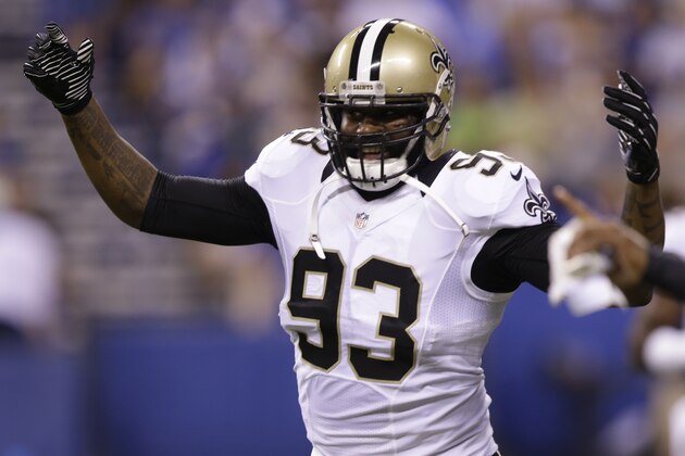 New Orleans Saints outside linebacker Junior Galette before an NFL preseason football game against the Indianapolis Colts in Indianapolis, Saturday, Aug. 23, 2014. (AP Photo/Michael Conroy)