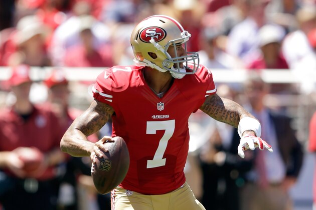 SANTA CLARA, CA - AUGUST 17: Quarterback Colin Kaepernick #7 of the San Francisco 49ers looks to pass against the Denver Broncos during a preseason game at Levi's Stadium on August 17, 2014 in Santa Clara, California. (Photo by Ezra Shaw/Getty Images) SANTA CLARA, CA - AUGUST 17: Quarterback Colin Kaepernick #7 of the San Francisco 49ers looks to pass against the Denver Broncos during a preseason game at Levi's Stadium on August 17, 2014 in Santa Clara, California. (Photo by Ezra Shaw/Getty Images)