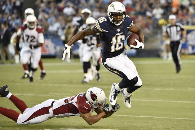 San Diego Chargers wide receiver Seyi Ajirotutu escapes from Arizona Cardinals defensive back Bryan McCann during the first half of an NFL preseason football game Thursday, Aug. 28, 2014, in San Diego. (AP Photo/Denis Poroy)