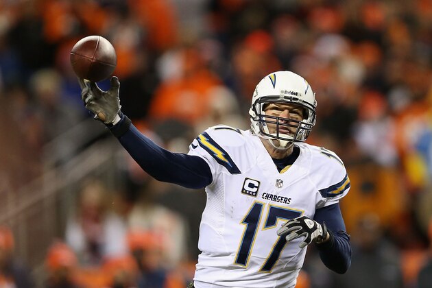 DENVER, CO - JANUARY 12:  Quarterback Philip Rivers #17 of the San Diego Chargers looks to pass during the AFC Divisional Playoff Game against the Denver Broncos at Sports Authority Field at Mile High on January 12, 2014 in Denver, Colorado. The Broncos defeated the Chargers 24-17.  (Photo by Christian Petersen/Getty Images)