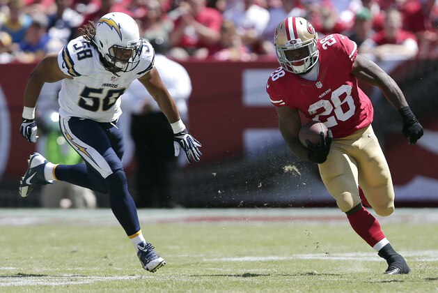 San Francisco 49ers running back Carlos Hyde (28) runs from San Diego Chargers outside linebacker Tourek Williams (58) during the second quarter of an NFL preseason football game in Santa Clara, Calif., Sunday, Aug. 24, 2014. (AP Photo/Marcio Jose Sanchez)