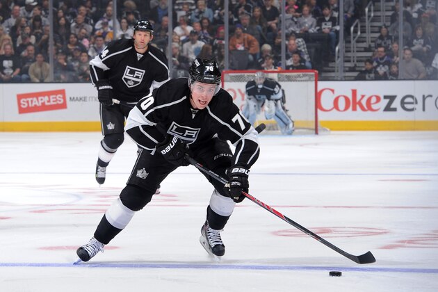 LOS ANGELES, CA - MARCH 22:  Tanner Pearson #70 of the Los Angeles Kings skates with the puck against the Florida Panthers at Staples Center on March 22, 2014 in Los Angeles, California. (Photo by Noah Graham/NHLI via Getty Images)