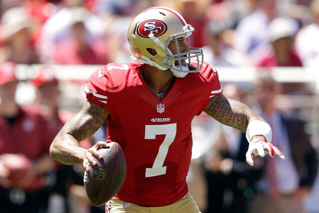 SANTA CLARA, CA - AUGUST 17:  Quarterback Colin Kaepernick #7 of the San Francisco 49ers looks to pass against the Denver Broncos during a preseason game at Levi's Stadium on August 17, 2014 in Santa Clara, California.  (Photo by Ezra Shaw/Getty Images)