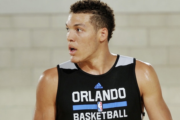 ORLANDO, FL - JULY 5: Aaron Gordon #00 of the Orlando Magic stands on the court during a game against the Philadelphia 76ers during the Samsung NBA Summer League 2014 on July 5, 2014 at Amway Center in Orlando, Florida. NOTE TO USER: User expressly acknowledges and agrees that, by downloading and or using this photograph, User is consenting to the terms and conditions of the Getty Images License Agreement. Mandatory Copyright Notice: Copyright 2014 NBAE  (Photo by Fernando Medina/NBAE via Getty Images)