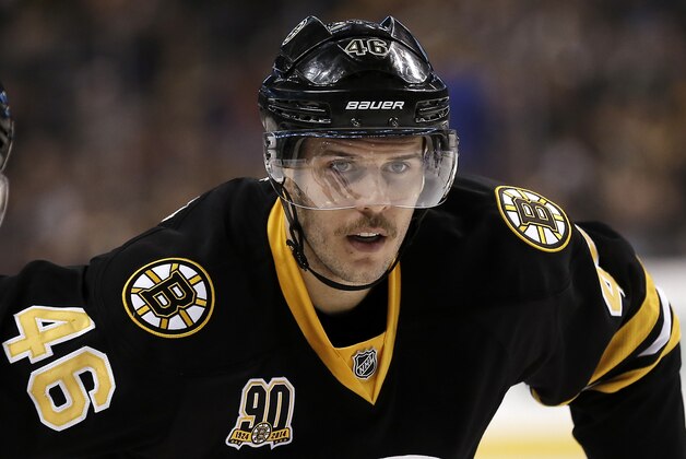 Boston Bruins' David Krejci waits for a face-off during the second period of a NHL hockey game against the New York Rangers in Boston Friday, Nov. 29, 2013. (AP Photo/Winslow Townson)
