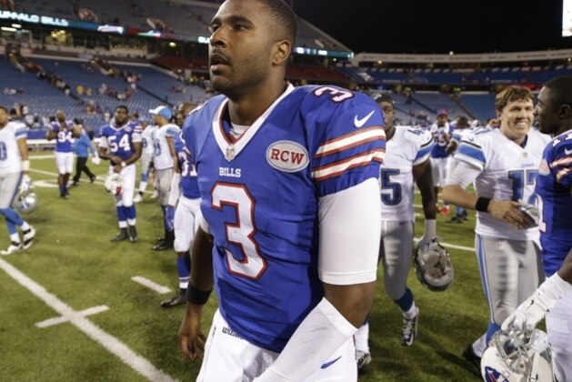 Buffalo Bills quarterback EJ Manuel (3) walks off the field after a loss to the Detroit Lions in a preseason NFL football game, Thursday, Aug. 28, 2014, in Orchard Park, N.Y. (AP Photo/Bill Wippert)