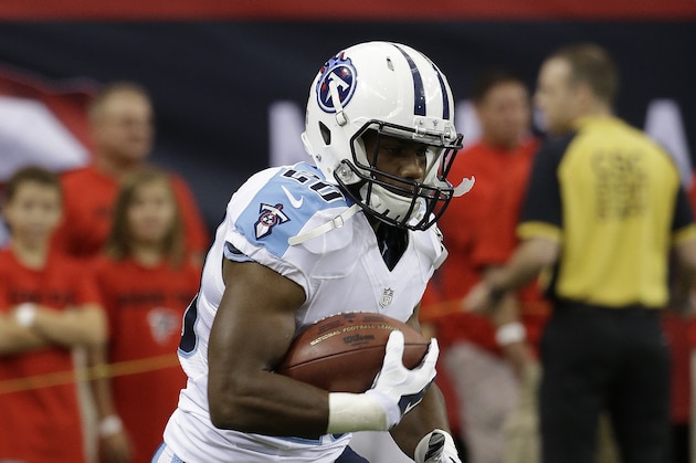 Tennessee Titans running back Bishop Sankey (20) works before the first half of an NFL preseason football game, Saturday, Aug. 23, 2014, in Atlanta. (AP Photo/David Goldman)