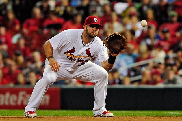 ST. LOUIS, MO - AUGUST 7: Matt Adams #32 of the St. Louis Cardinals catches a line drive during the sixth inning against the Boston Red Sox at Busch Stadium on August 7, 2014 in St. Louis, Missouri.  (Photo by Jeff Curry/Getty Images)