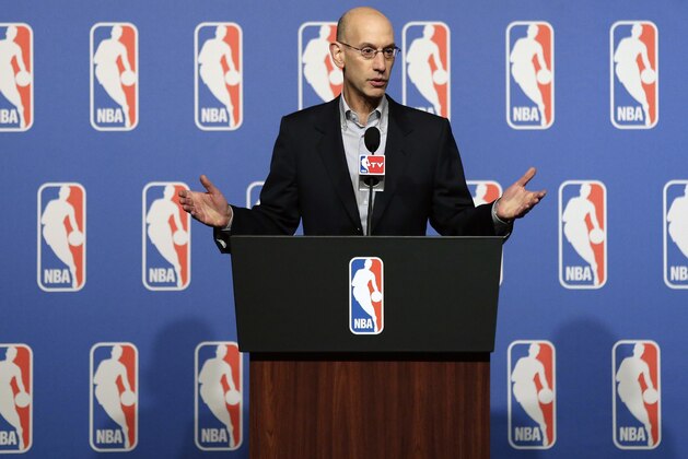 NBA Commissioner Adam Silver speaks at a news conference during the NBA board of governors meeting Tuesday, July 15, 2014, in Las Vegas. (AP Photo/John Locher)
