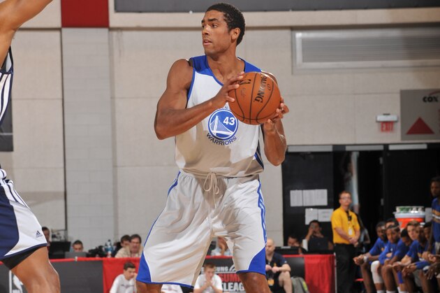LAS VEGAS, NV - JULY 16: James Michael McAdoo #43 of the Golden State Warriors looks to pass the ball against the Atlanta Hawks on July 16, 2014 at the Cox Pavilion in Las Vegas, Nevada. NOTE TO USER: User expressly acknowledges and agrees that, by downloading and or using this photograph, User is consenting to the terms and conditions of the Getty Images License Agreement. Mandatory Copyright Notice: Copyright 2014 NBAE (Photo by Bart Young/NBAE via Getty Images)