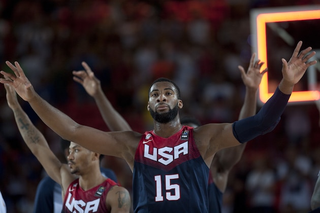 Andre Drummond of the US, waves to the fans after defeating Ukraine 95-71 in their Group C Basketball World Cup match, in Bilbao northern Spain, Thursday, Sept. 4, 2014. The 2014 Basketball World Cup competition take place in various cities in Spain from Aug. 30 through to Sept. 14. (AP Photo/Alvaro Barrientos)