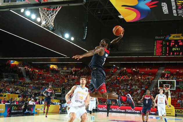 BILBAO, SPAIN - SEPTEMBER 4:  Kenneth Faried #7 of the USA Basketball Men's National Team goes up to dunk during a game against the Ukraine Basketball Men's National Team during the 2014 FIBA World Cup at Bizkaia Arena in Bilbao Exhibition Centre on September 4, 2014 in Bilbao, Spain.  NOTE TO USER: User expressly acknowledges and agrees that, by downloading and/or using this Photograph, user is consenting to the terms and conditions of the Getty Images License Agreement. Mandatory Copyright Notice: Copyright 2014 NBAE (Photo by Nathaniel S. Butler/NBAE via Getty Images)