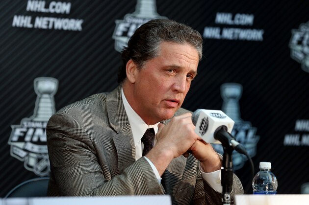 LOS ANGELES, CA - JUNE 03:  Dean Lombardi, President and General Manager of the Los Angeles Kings, speaks during Media Day for the 2014 NHL Stanley Cup Final at Staples Center on June 3, 2014 in Los Angeles, California.  (Photo by Bruce Bennett/Getty Images)
