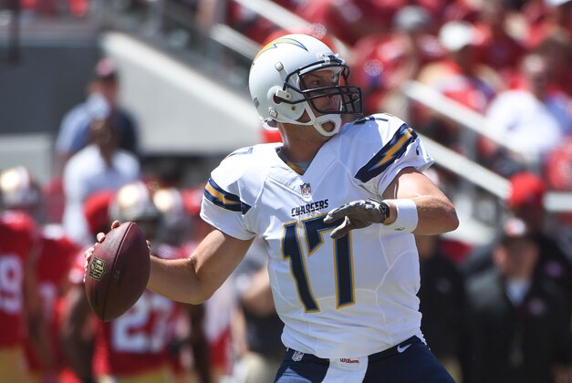 August 24, 2014; Santa Clara, CA, USA; San Diego Chargers quarterback Philip Rivers (17) passes the football against the San Francisco 49ers during the first quarter at Levi's Stadium. Mandatory Credit: Kyle Terada-USA TODAY Sports