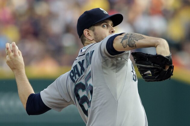DETROIT, MI - AUGUST 15:  James Paxton #65 of the Seattle Mariners pitches against the Detroit Tigersl during the first inning at Comerica Park on August 15, 2014 in Detroit, Michigan. (Photo by Duane Burleson/Getty Images)