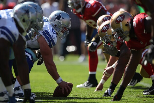 SAN FRANCISCO, CA - SEPTEMBER 18:  Members of the Dallas Cowboys line up against the San Francisco 49ers at Candlestick Park on September 18, 2011 in San Francisco, California.  (Photo by Jed Jacobsohn/Getty Images)