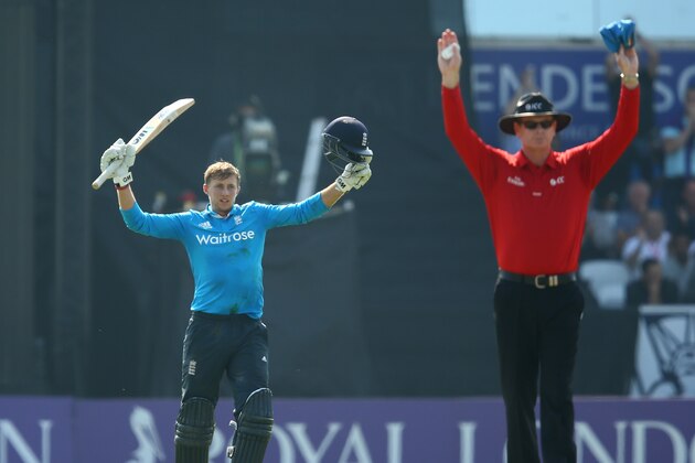 LEEDS, ENGLAND - SEPTEMBER 05:  Joe Root of England celebrates getting to his century with a six during the Royal London One-Day match between England and India at Headingley on September 5, 2014 in Leeds, England.  (Photo by Richard Heathcote/Getty Images)