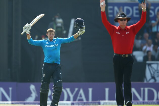 LEEDS, ENGLAND - SEPTEMBER 05:  Joe Root of England celebrates getting to his century with a six during the Royal London One-Day match between England and India at Headingley on September 5, 2014 in Leeds, England.  (Photo by Richard Heathcote/Getty Images)