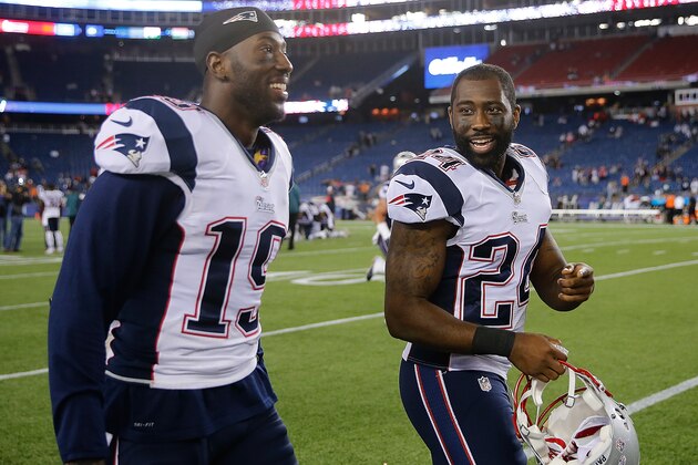FOXBORO, MA - AUGUST 15: Brandon LaFell #19 of the New England Patriots talks with Darrelle Revis #24 after their pre-season game with the Philadelphia Eagles at Gillette Stadium on August 15, 2014 in Foxboro, Massachusetts. (Photo by Jim Rogash/Getty Images)