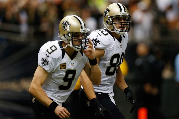 NEW ORLEANS, LA - SEPTEMBER 30: Jimmy Graham #80 celebrates with Drew Brees #9 of the New Orleans Saints after scoring a touchdown against the Miami Dolphins at the Mercedes-Benz Superdome on September 30, 2013 in New Orleans, Louisiana. (Photo by Chris Graythen/Getty Images) NEW ORLEANS, LA - SEPTEMBER 30: Jimmy Graham #80 celebrates with Drew Brees #9 of the New Orleans Saints after scoring a touchdown against the Miami Dolphins at the Mercedes-Benz Superdome on September 30, 2013 in New Orleans, Louisiana. (Photo by Chris Graythen/Getty Images)