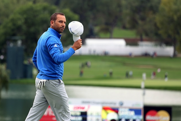 Sergio Garcia, of Spain, gestures after sinking his putt on the 18th hole for a birdie, during the second round of the BMW Championship golf tournament at Cherry Hills Country Club in Cherry Hills Village, Colo., Friday, Sept. 5, 2014. Garcia finished the second round as the leader at 8 under par. (AP Photo/Brennan Linsley)
